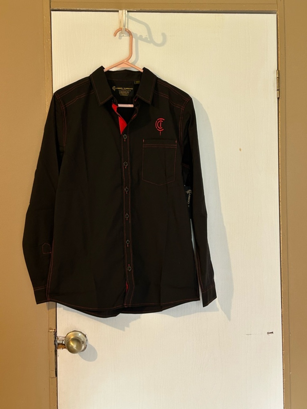 Black Button-Up Shirt with Red Accent